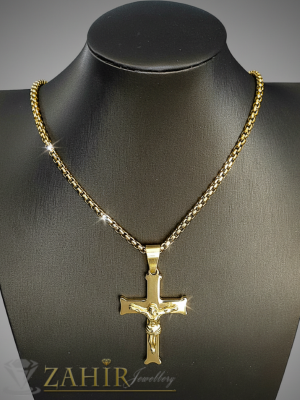 Класически стоманен кръст с разпятие 6 см на тънък стоманен ланец 60 см, широк 0,3 см, златно покритие - ML1306